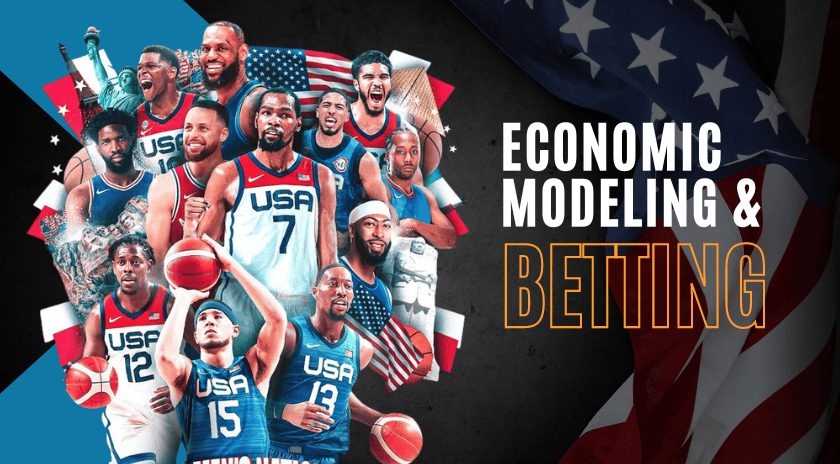 A group photo of the USA men's basketball team for the economic models forecast and betting.